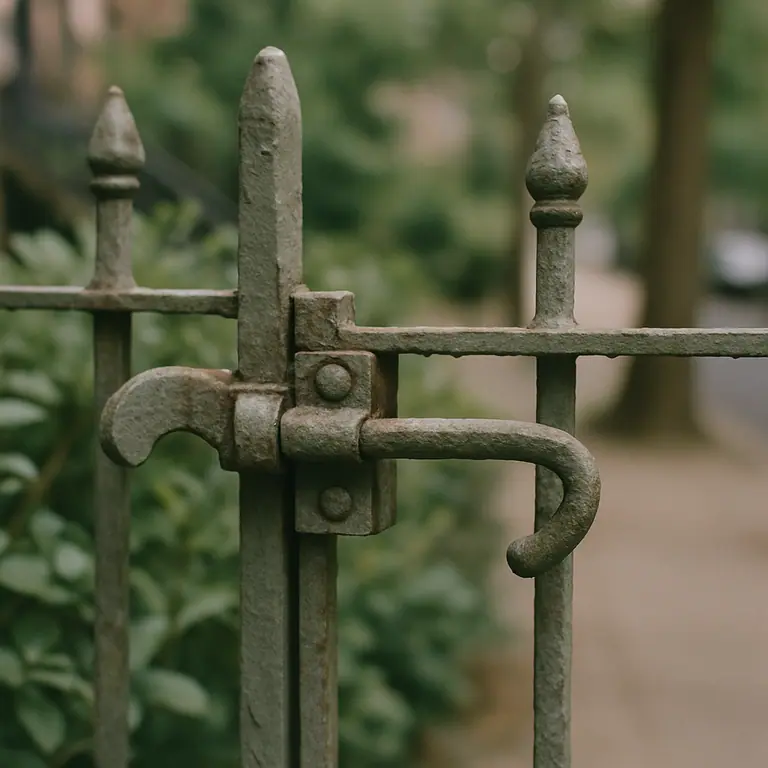 Iron gate latch on a front-yard fence